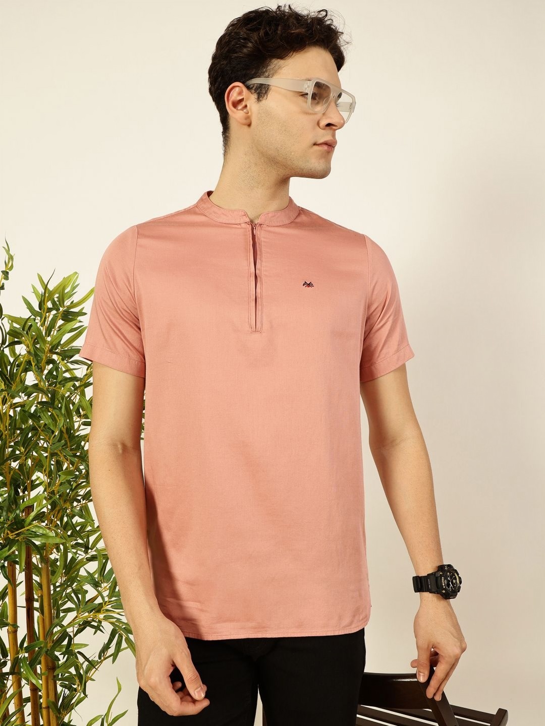 

Thomas Scott Men Solid Mandarin Collar Cotton T-Shirt, Peach