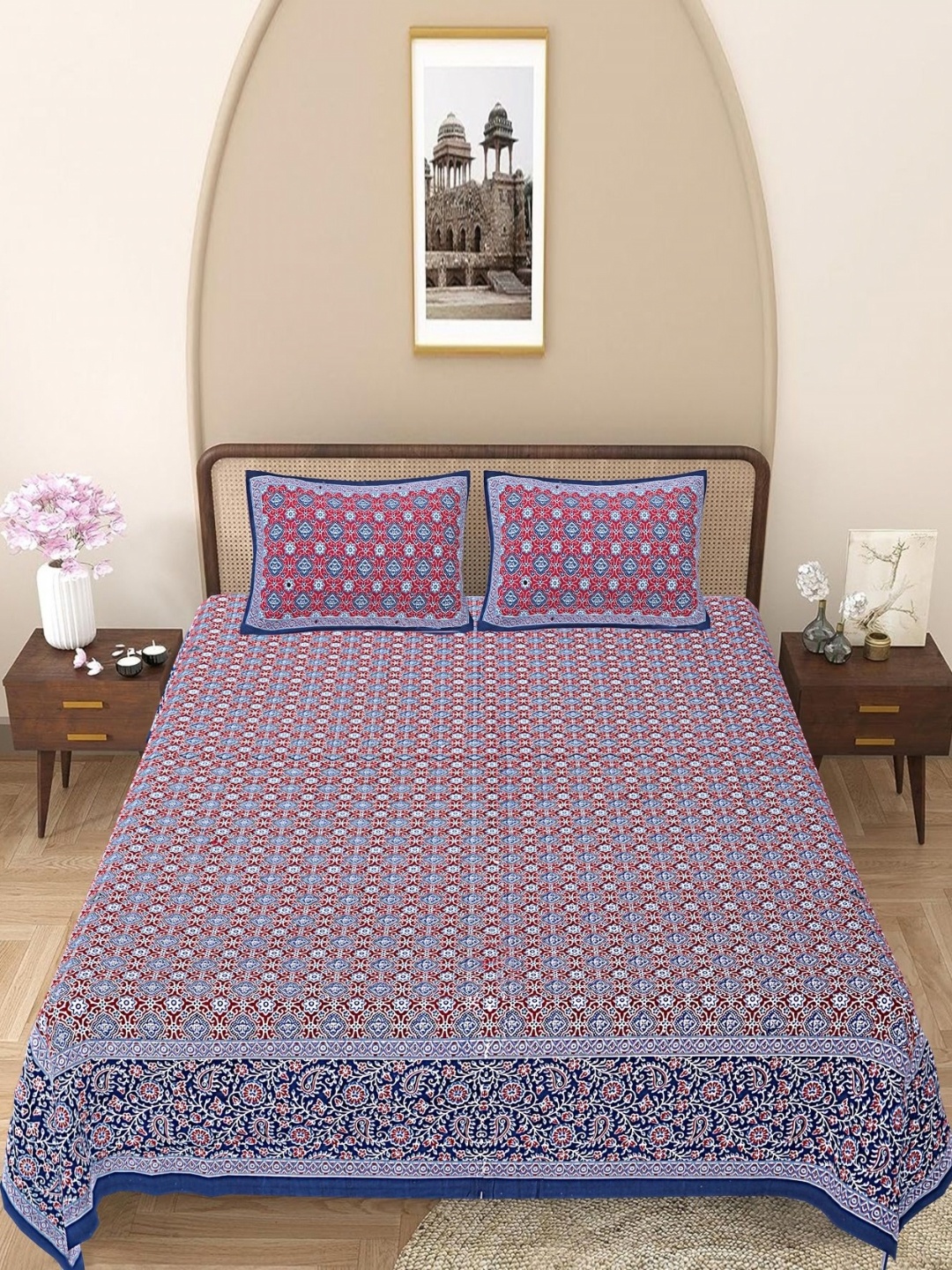 

Texstylers Blue & Maroon Floral 144 TC Queen Bedsheet with 2 Pillow Covers