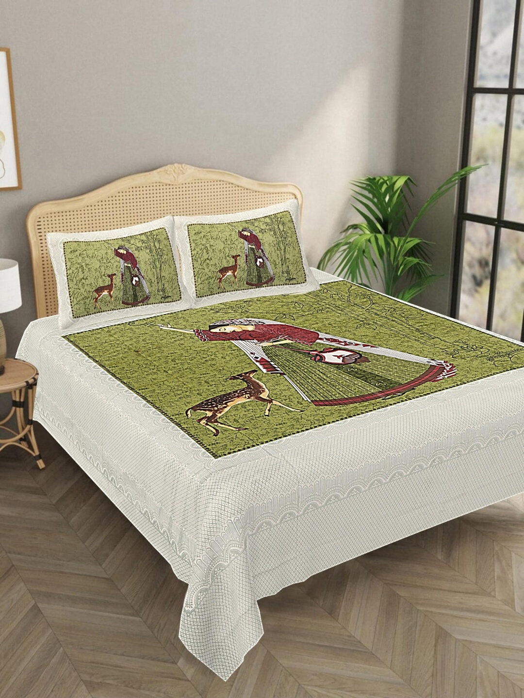 

Aura Green & Red Ethnic Motifs 144 TC Pure Cotton King Bedsheet With 2 Pillow Covers