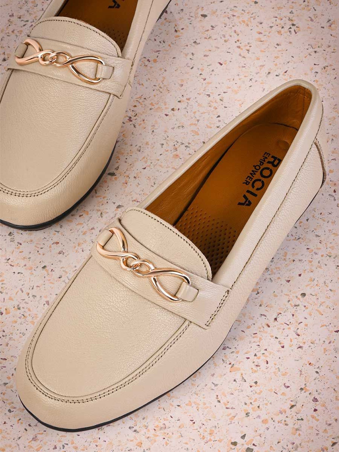 

Rocia Women Textured Loafers With Buckles, Beige