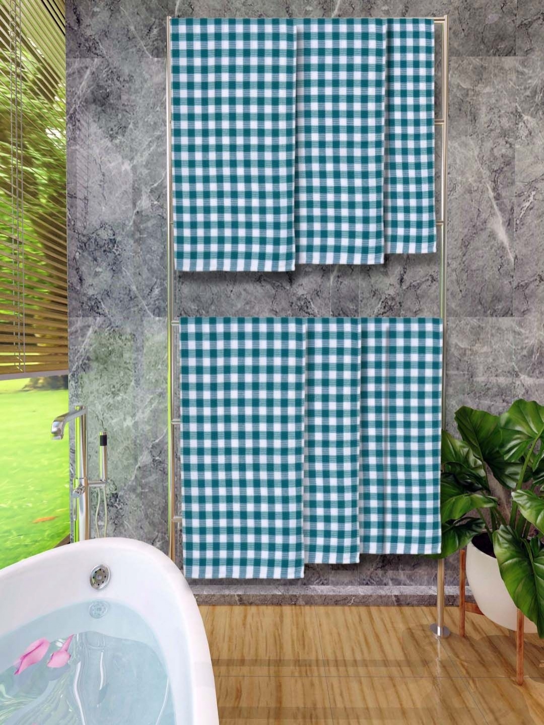 

Aura Green & White 6 Pieces Printed Cotton 250 GSM Bath Towel