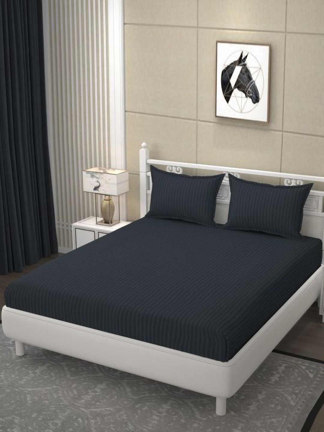 

BELVOSTUM Grey Striped 250 TC King Bedsheet with 2 Pillow Covers