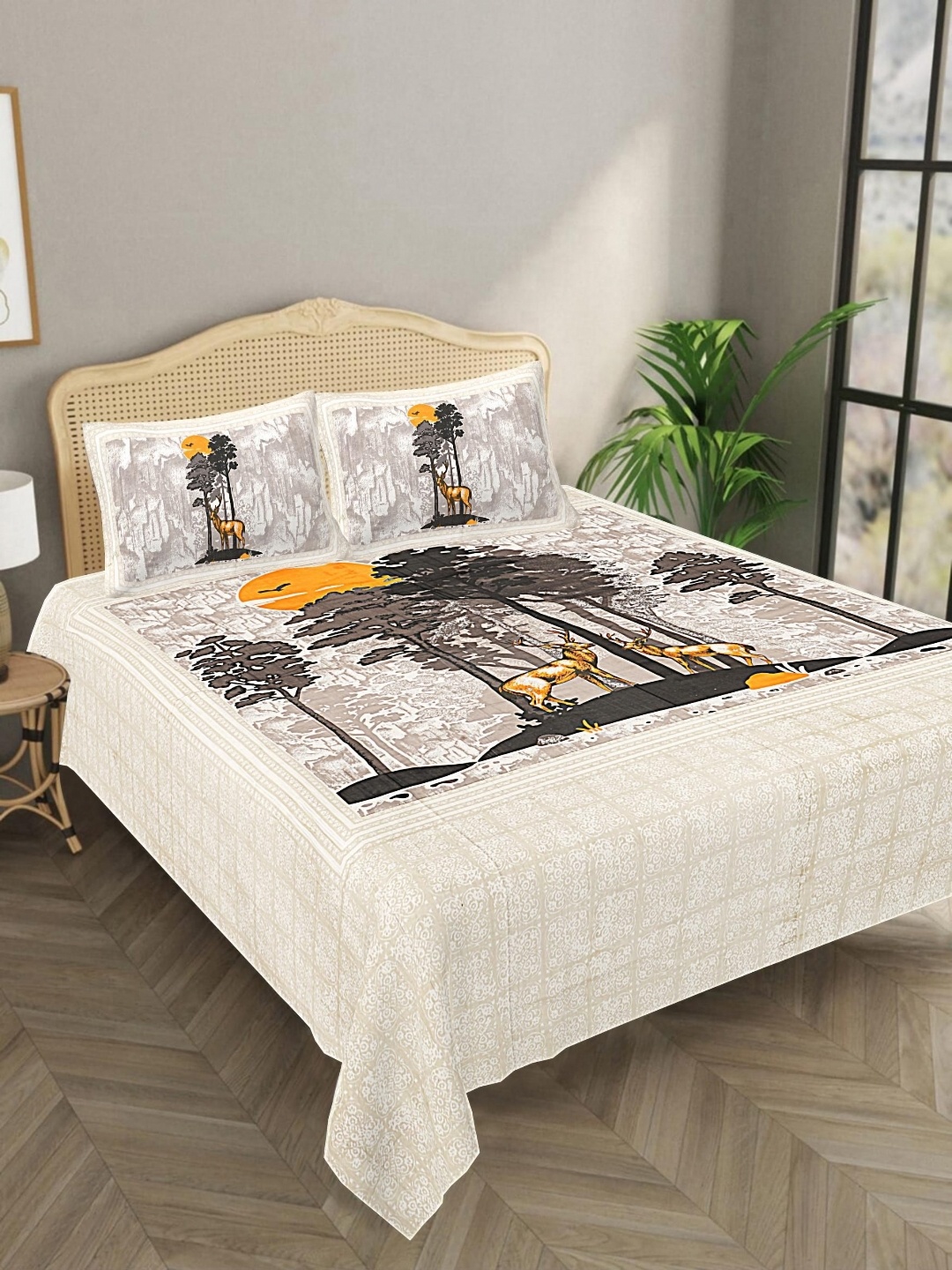 

Aura Beige & Brown Graphic 144 TC Pure Cotton King Bedsheet With 2 Pillow Covers