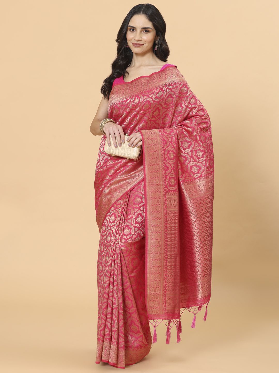 

Meena Bazaar Floral Woven Design Zari Saree, Pink
