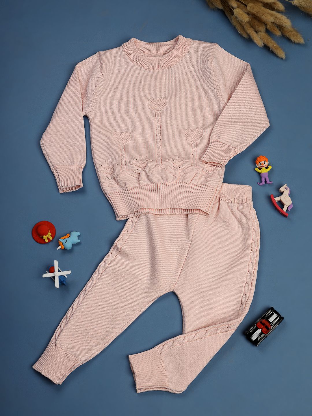

NEUDIS Girls Self Design Acrylic Sweater With Joggers, Pink