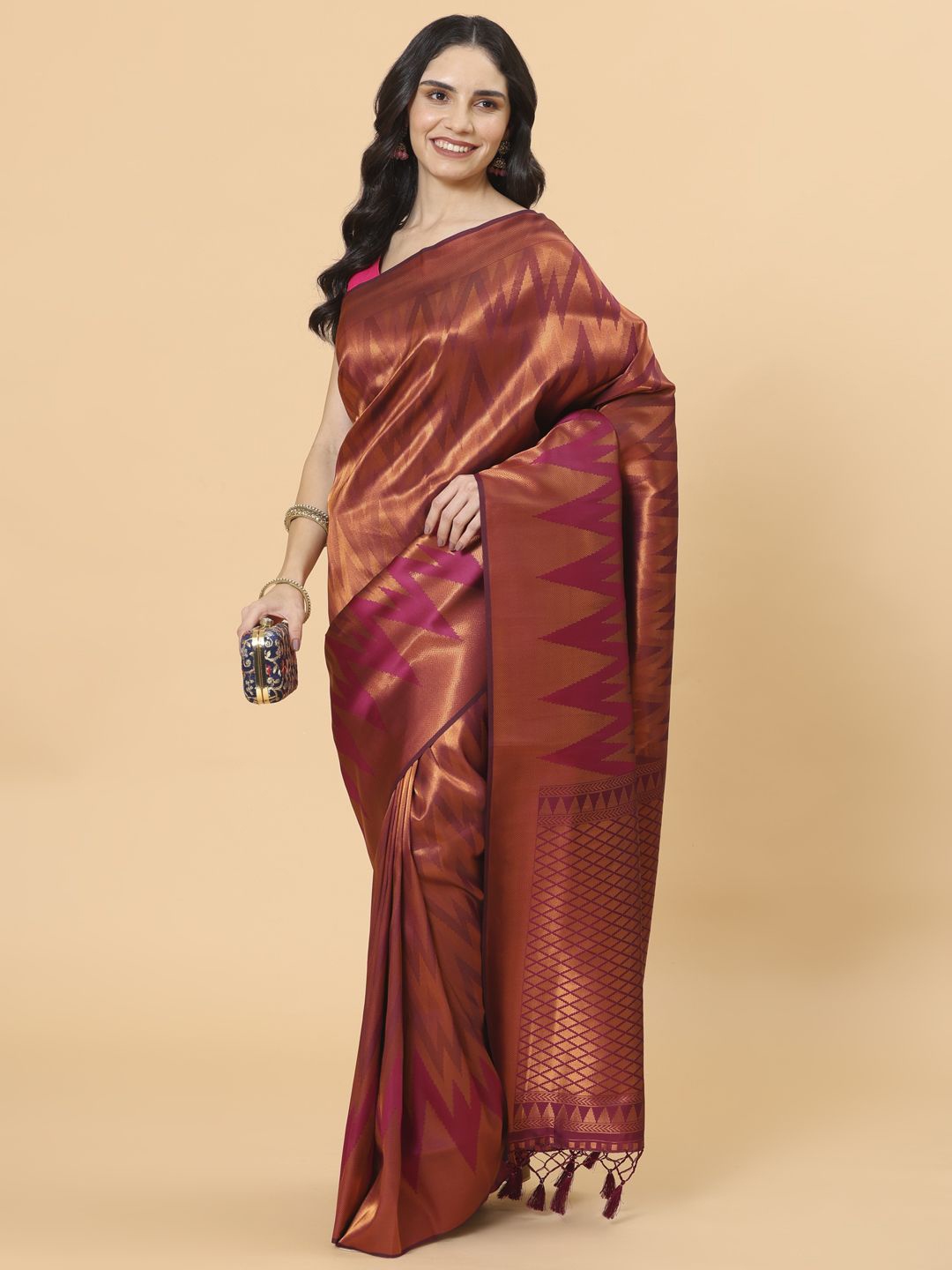

Meena Bazaar Zari Art geometric woven design Silk Saree, Magenta