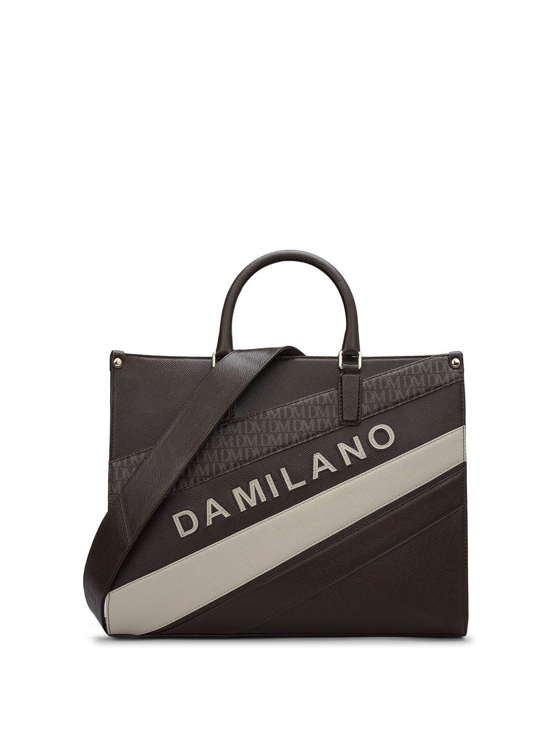 

Da Milano Textured Leather Oversized Structured Handheld Bag with Cut Work, Brown