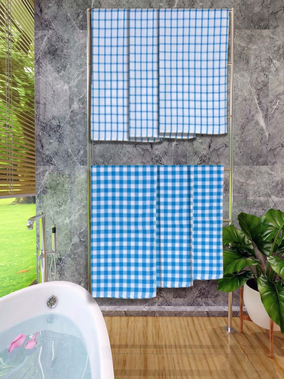 

Aura White & Blue 6 Pieces Checked Cotton 250 GSM Water Absorbent Bath Towels