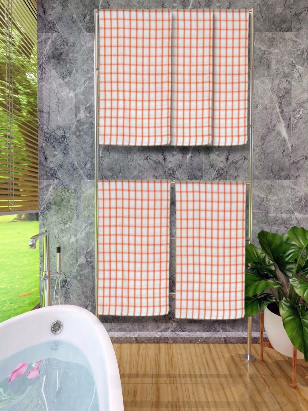 

Aura Orange & White 5 Pieces Checked Printed Cotton 250 GSM Bath Towels