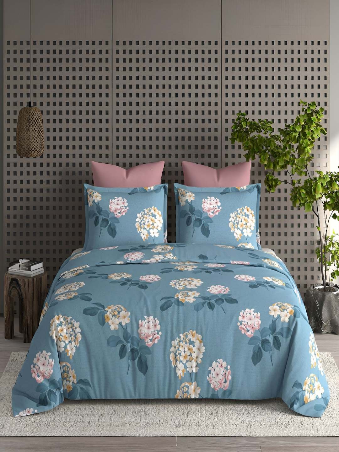 

tundwal's Blue & Pink Floral 210 TC King Bedsheet with 2 Pillow Covers