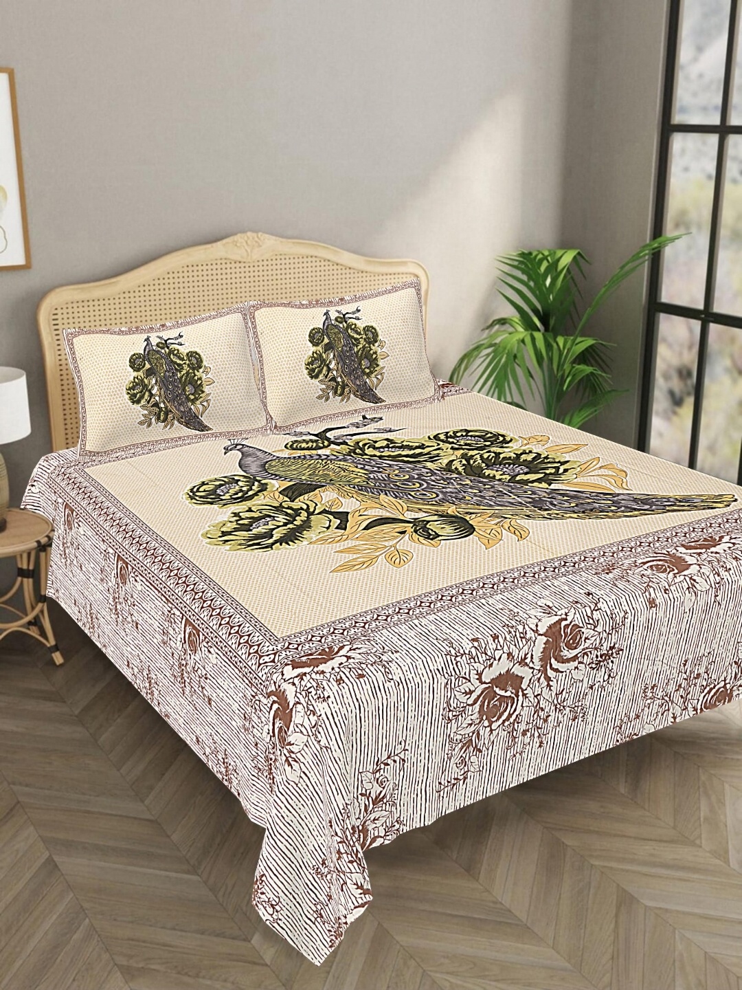 

Aura Mustard & Green Ethnic Motifs 144 TC Pure Cotton King Bedsheet With 2 Pillow Covers