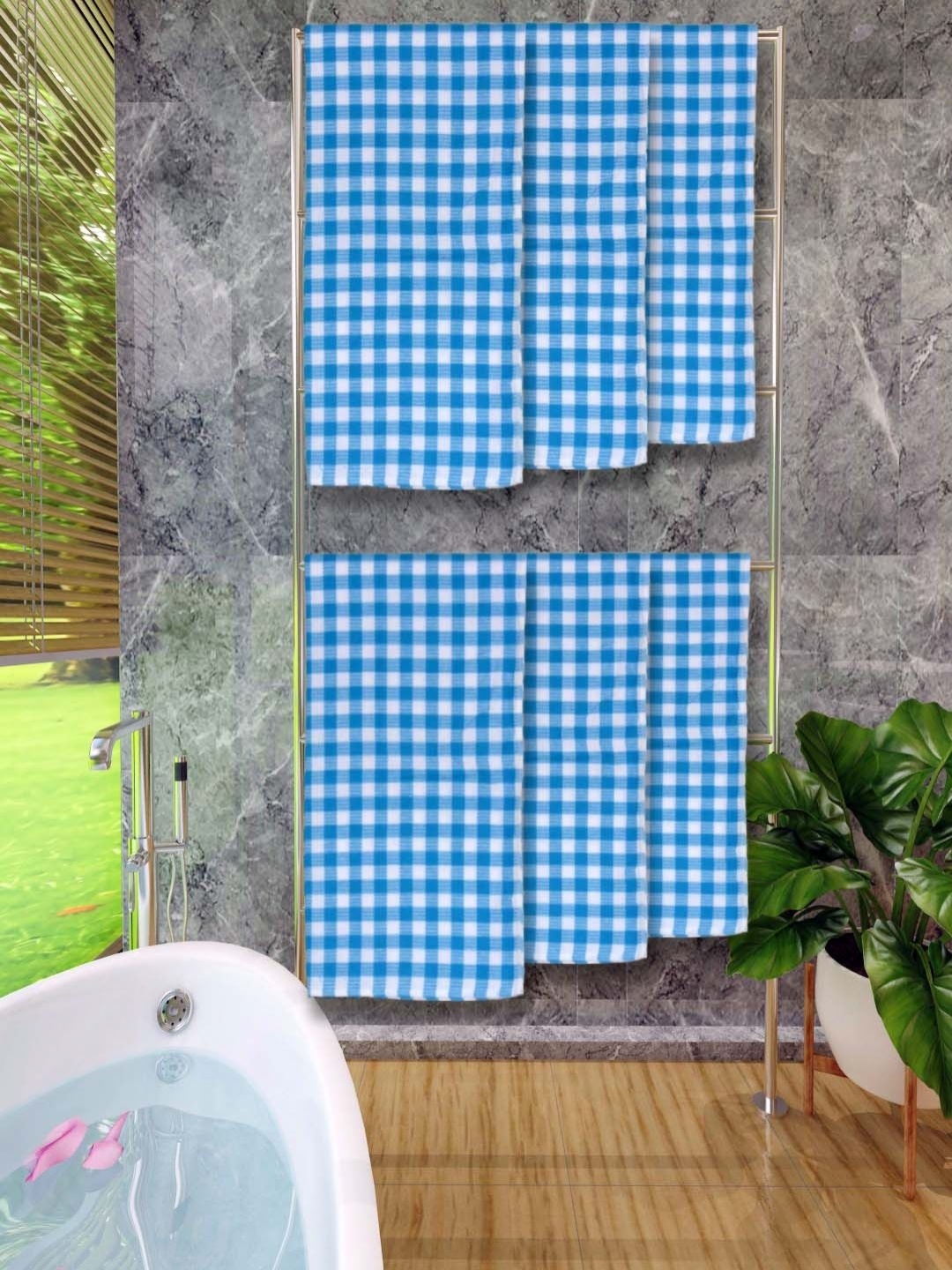 

Aura Blue & White 6 Pieces Checked Cotton 250 GSM Water Absorbent Bath Towels