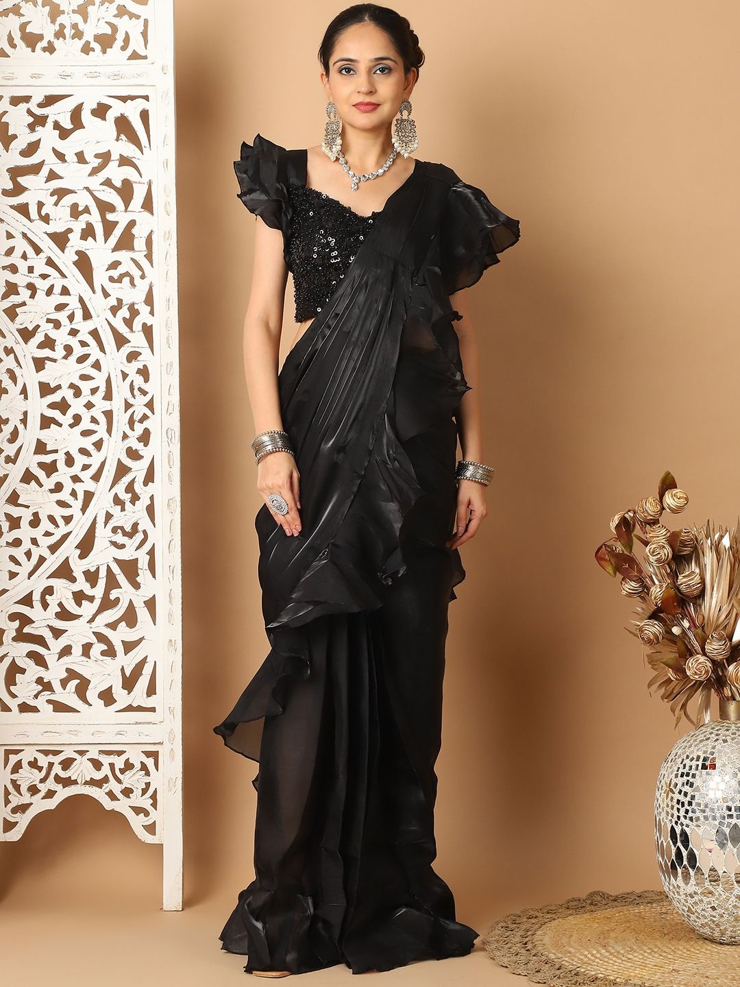 

Mitera Organza Ready to Wear Leheriya Saree, Black