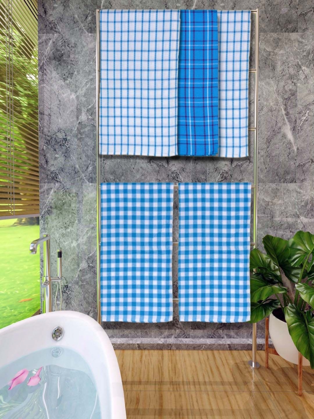 

Aura White & Blue 5 Pieces Printed Cotton 250 GSM Bath Towel