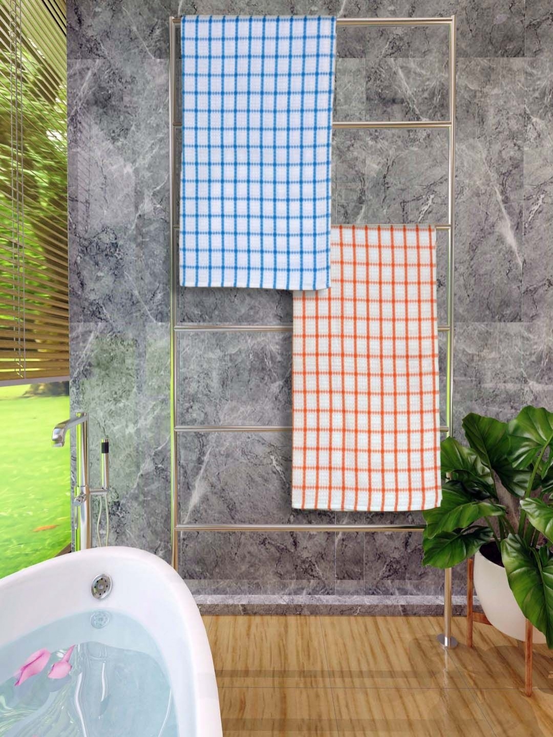 

Aura Blue & Orange 2 Pieces Checked Cotton 250 GSM Water Absorbent Bath Towels