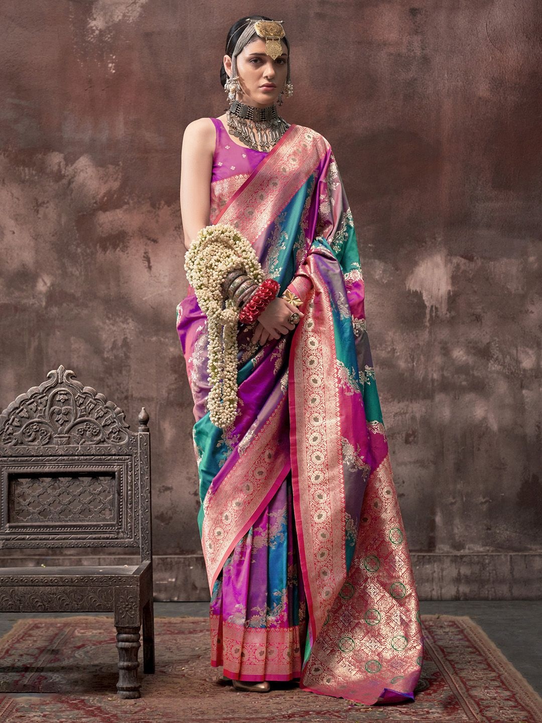 

Saree mall Ethnic Motifs Woven Design Zari Banarasi Sarees, Teal