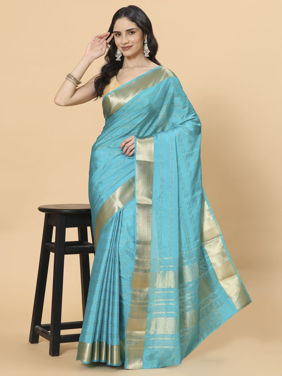 

Meena Bazaar Striped Zari Organza Saree, Blue