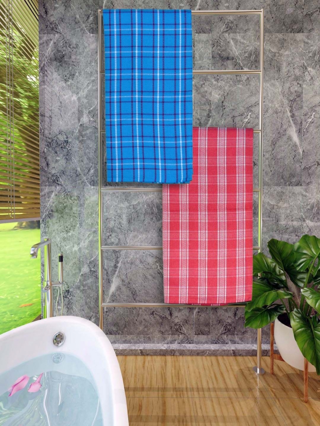 

Aura Red & Blue 2 Pieces Checked Cotton 250 GSM Bath Towels