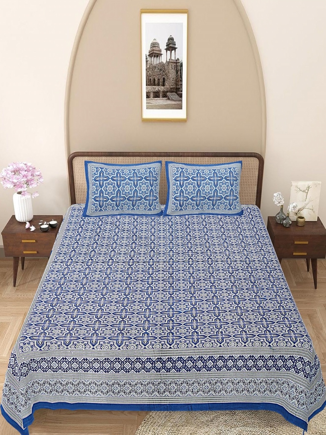 

Texstylers Blue & Maroon Floral 144 TC Queen Bedsheet with 2 Pillow Covers