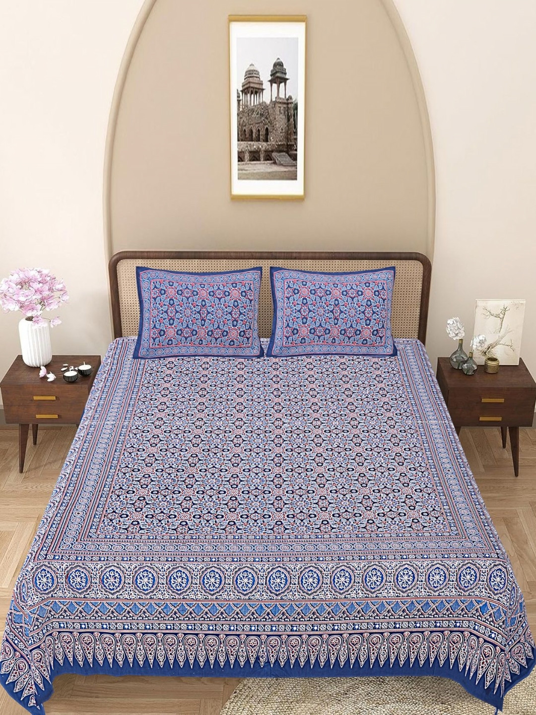 

Texstylers Blue & Maroon Floral 144 TC Queen Bedsheet with 2 Pillow Covers