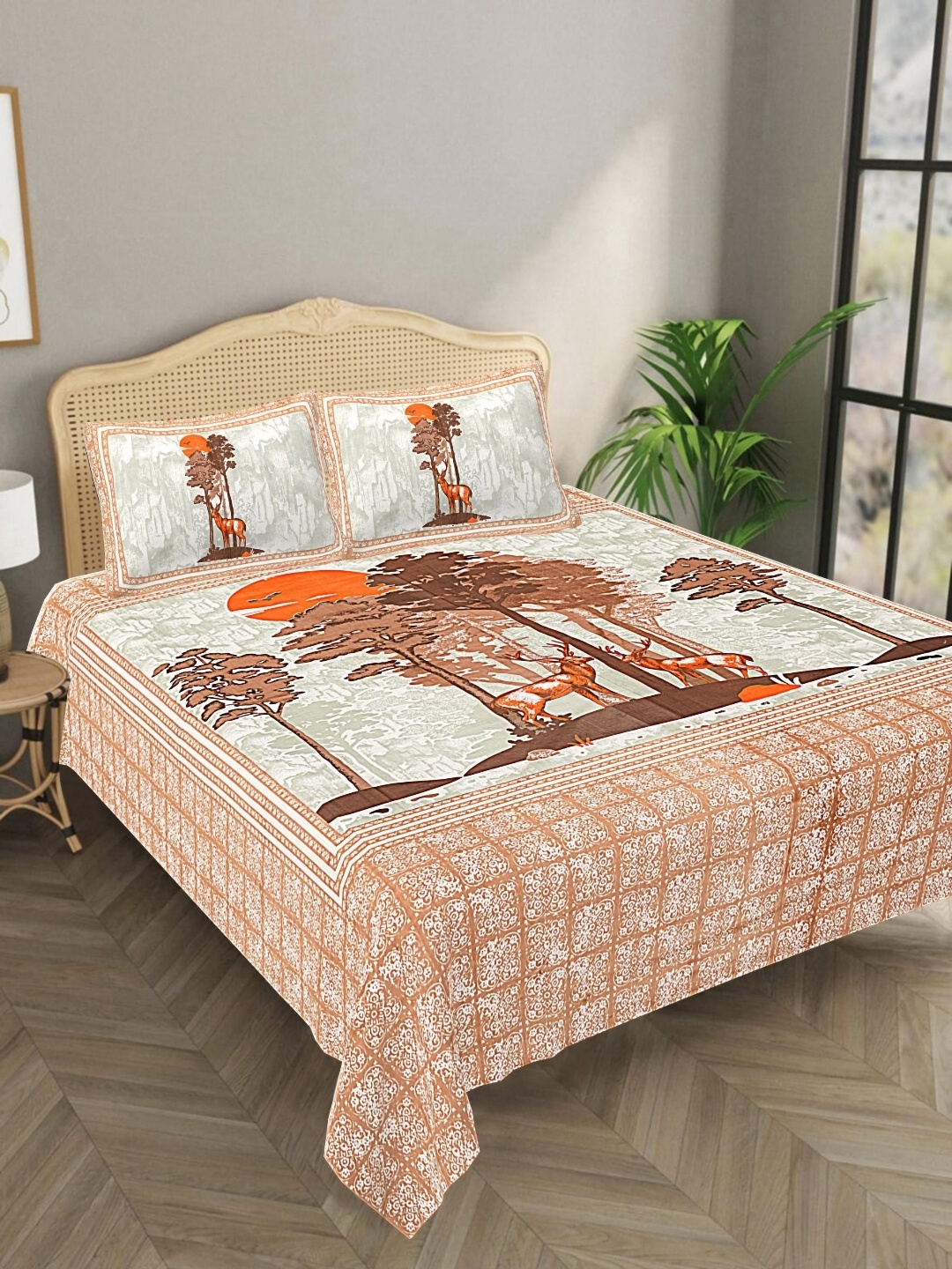 

Aura Brown & Grey Floral 144 TC Pure Cotton King Bedsheet With 2 Pillow Covers