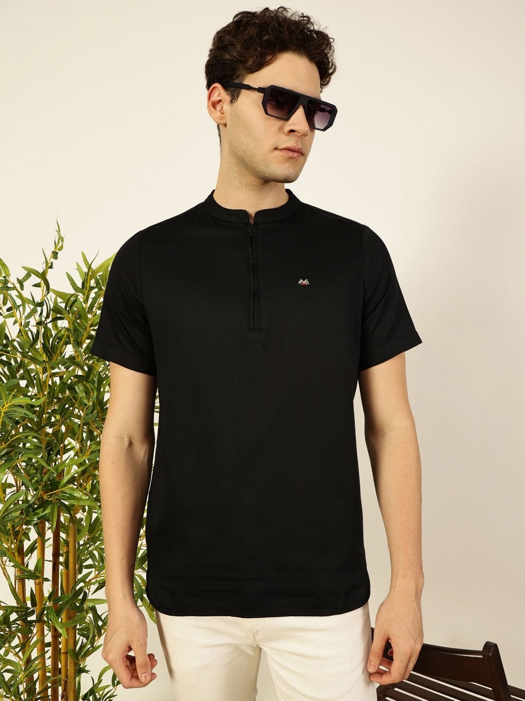 

Thomas Scott Men Solid Mandarin Collar Cotton T-Shirt, Black