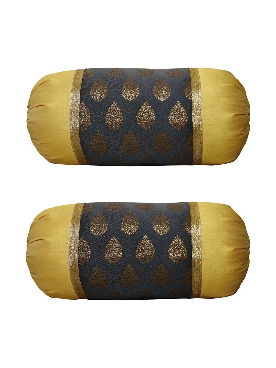 

Pink Parrot Gold Toned & Blue 2 Pieces Floral Woven Design Art Silk Bolster Covers