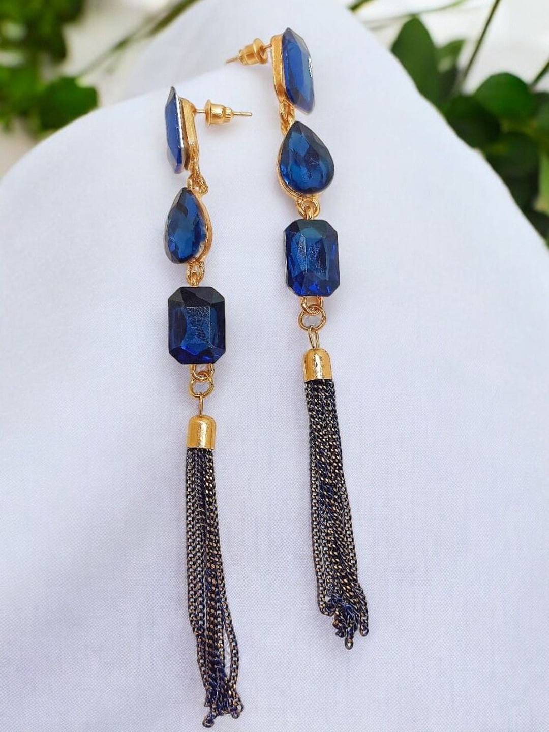 

9blings Gold Plated Stone Studded Tasselled Geometric Drop Earrings