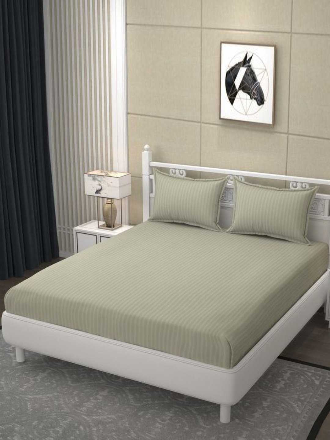 

BELVOSTUM Green Striped 250 TC King Bedsheet with 2 Pillow Covers