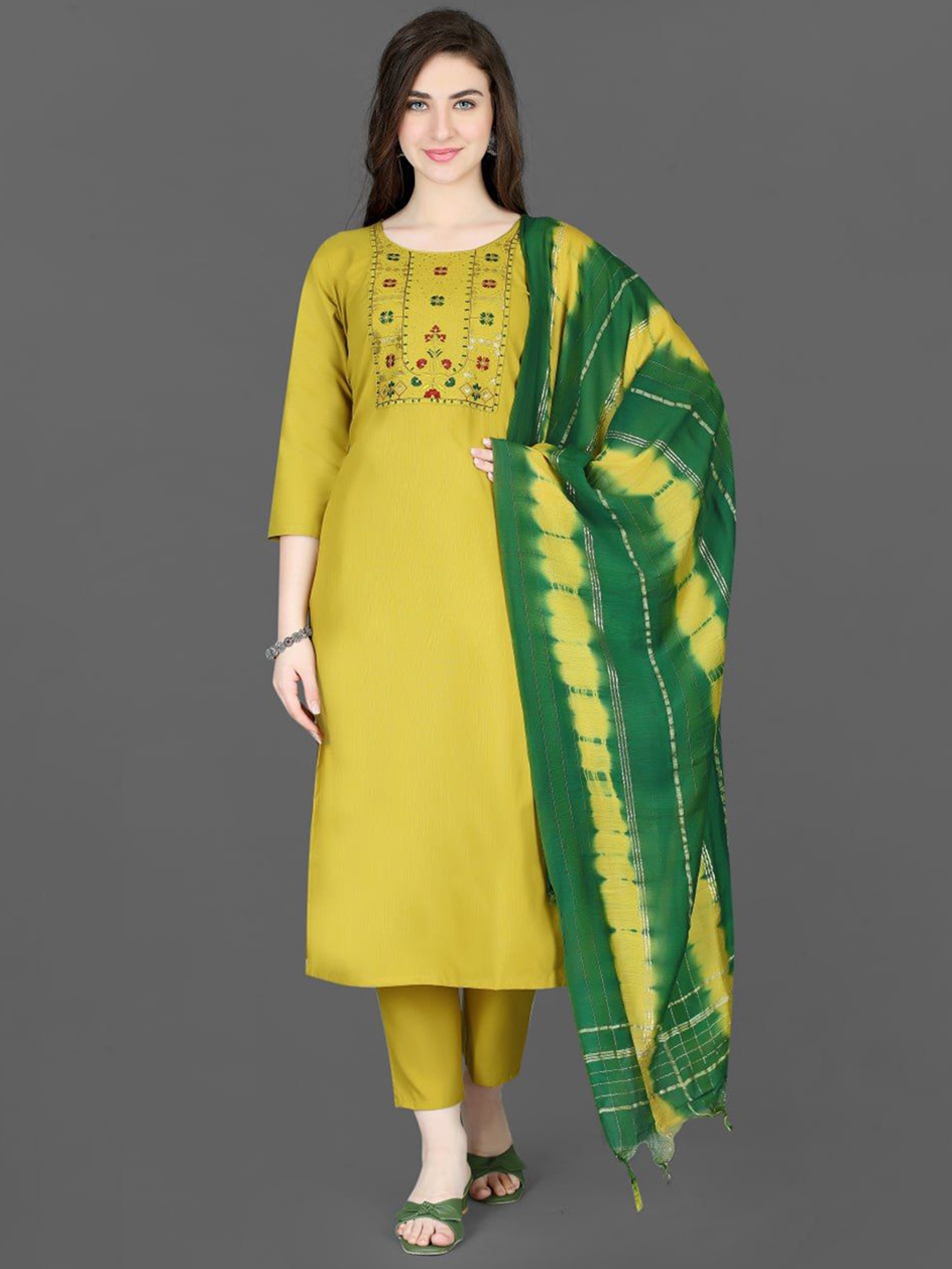 

Growdamy Floral Embroidered Kurta with Trousers & Dupatta, Yellow