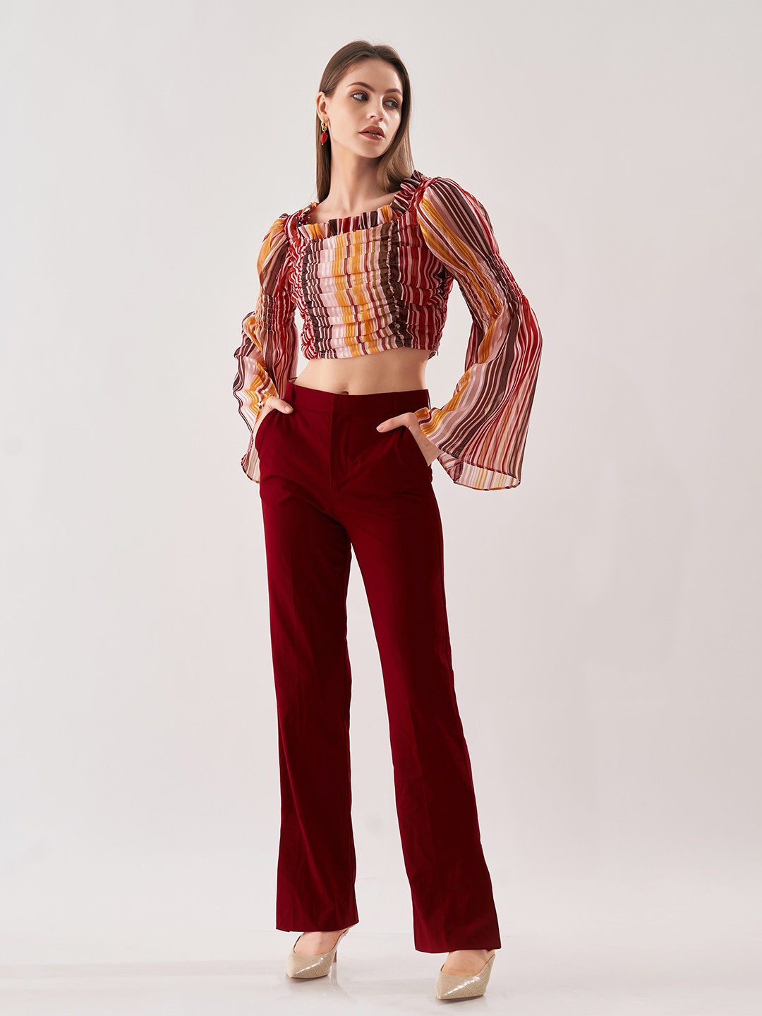 

BOONS n PERKKS Striped Bell Sleeve Satin Crop Top, Red