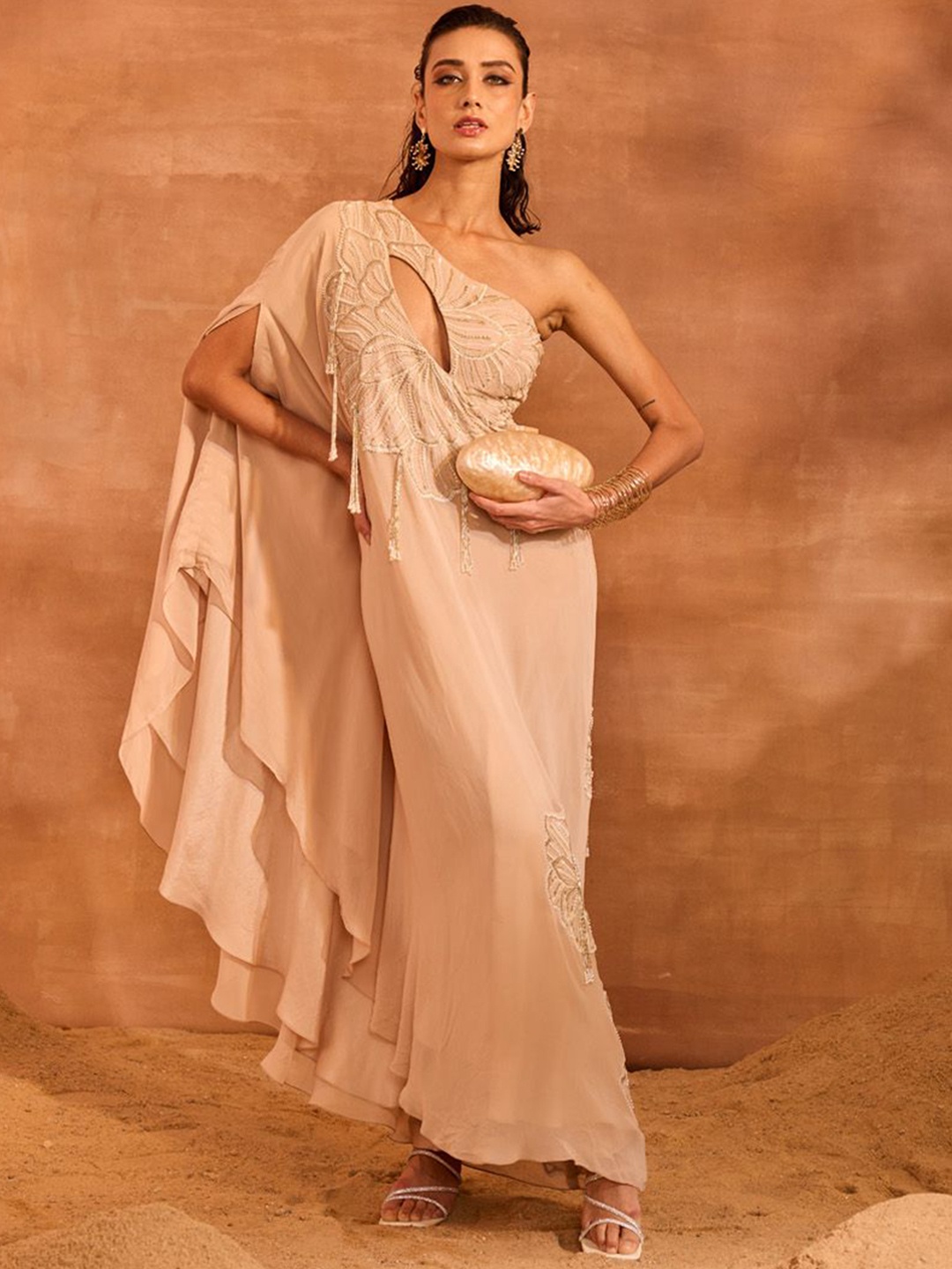 

DIVYA AGGARWAL Embellished One Shoulder Tunic With Trouser, Beige
