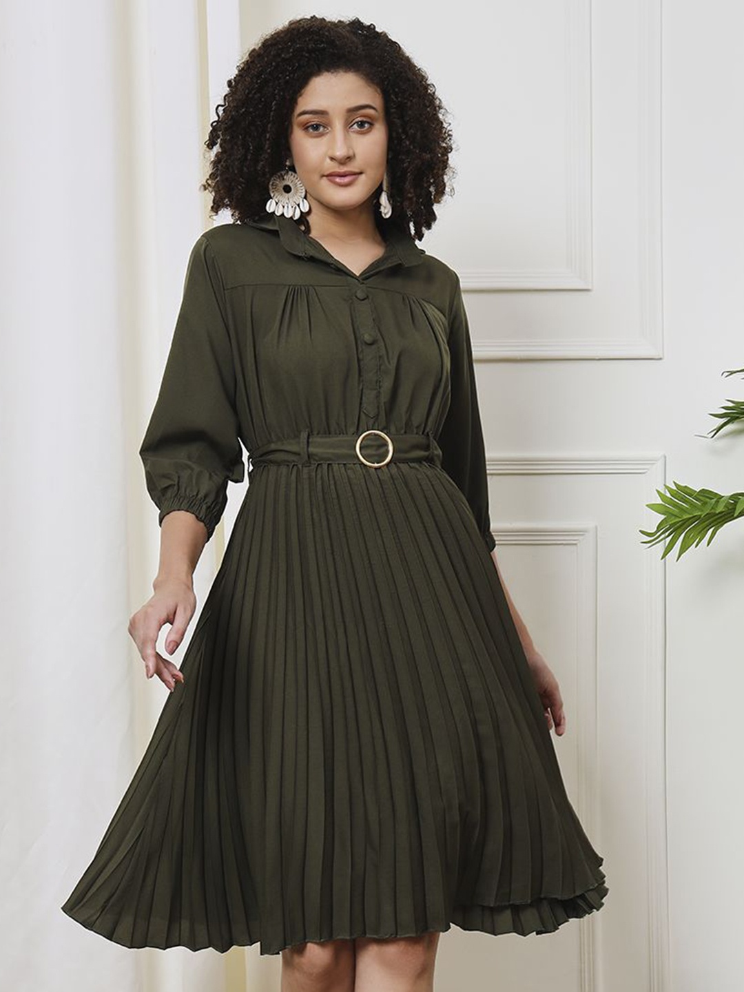 

CARTYSHOP Puff Sleeve Crepe Fit & Flare Midi Dress, Sea green