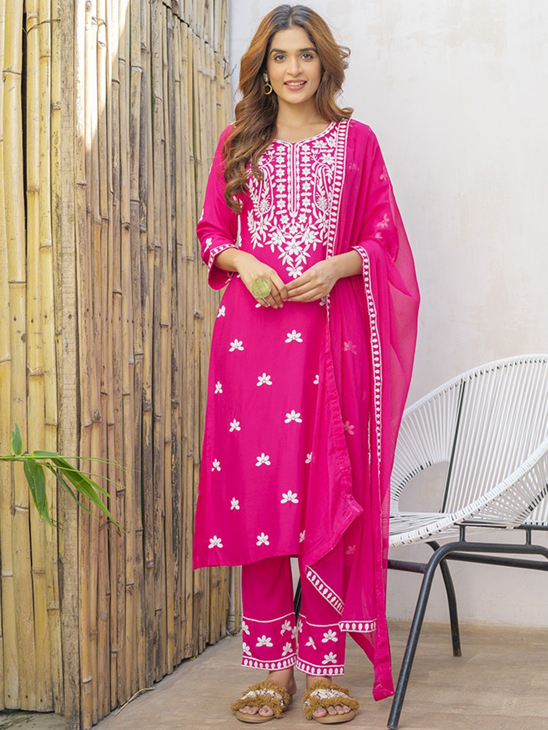 

House of Pataudi Embroidered Straight Kurta Set, Pink