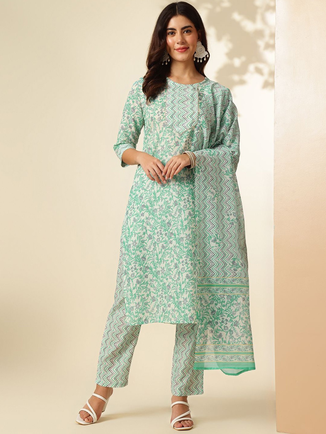 

Anouk Women Floral Printed Regular Pure Cotton Kurta with Trousers & With Dupatta, Sea green