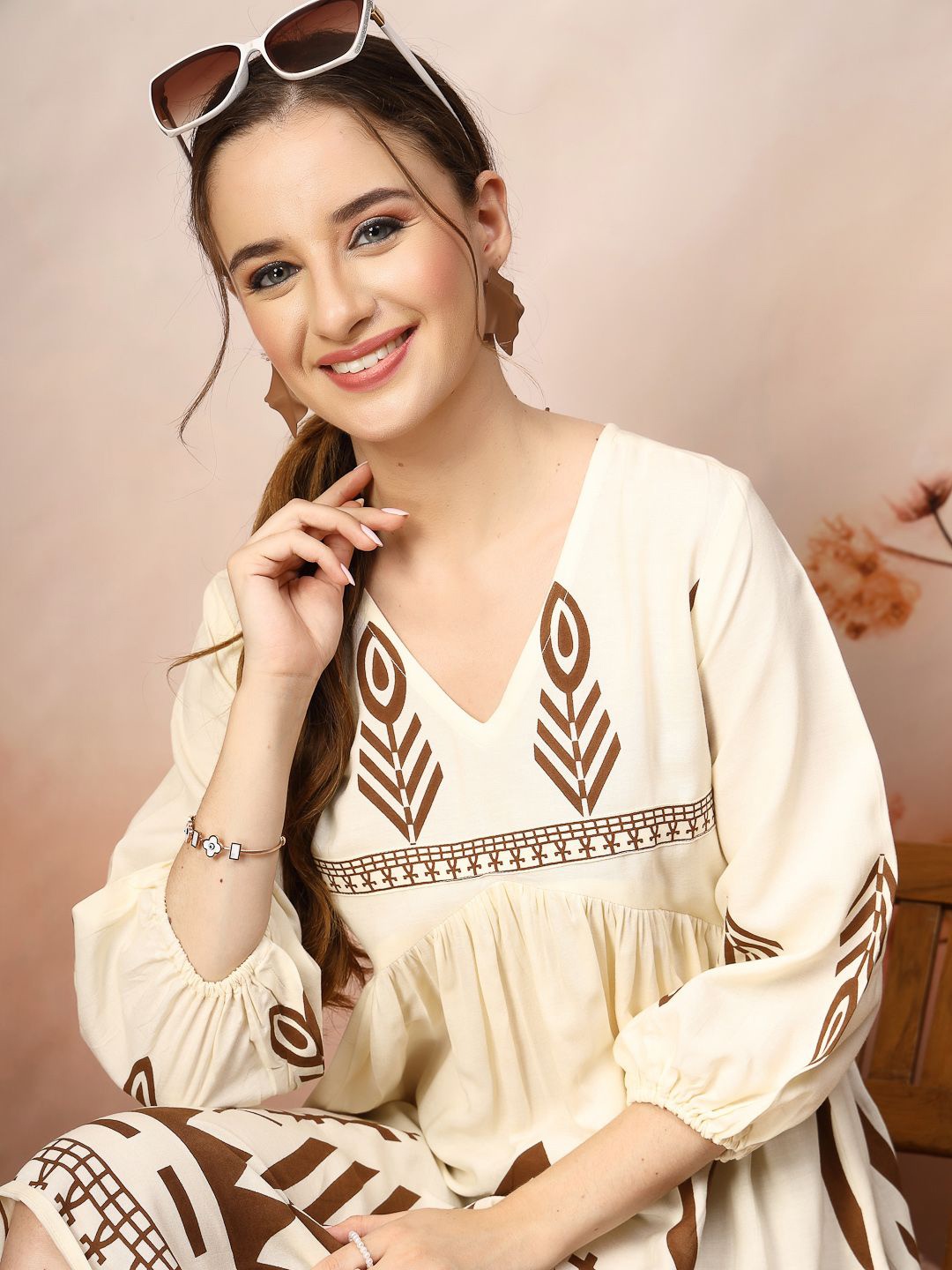 

Stylum Bohemian Print Puff Sleeve Fit & Flare Dress, Brown