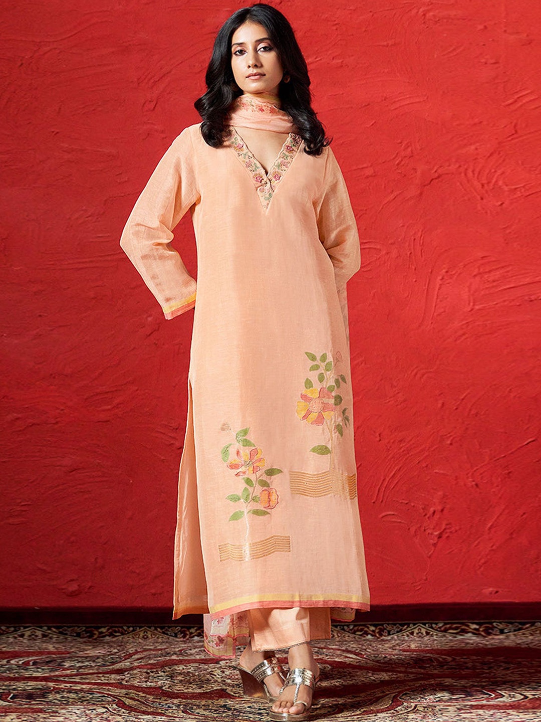 

Ganga Women Regular Linen Kurta with Palazzos & With Dupatta, Peach