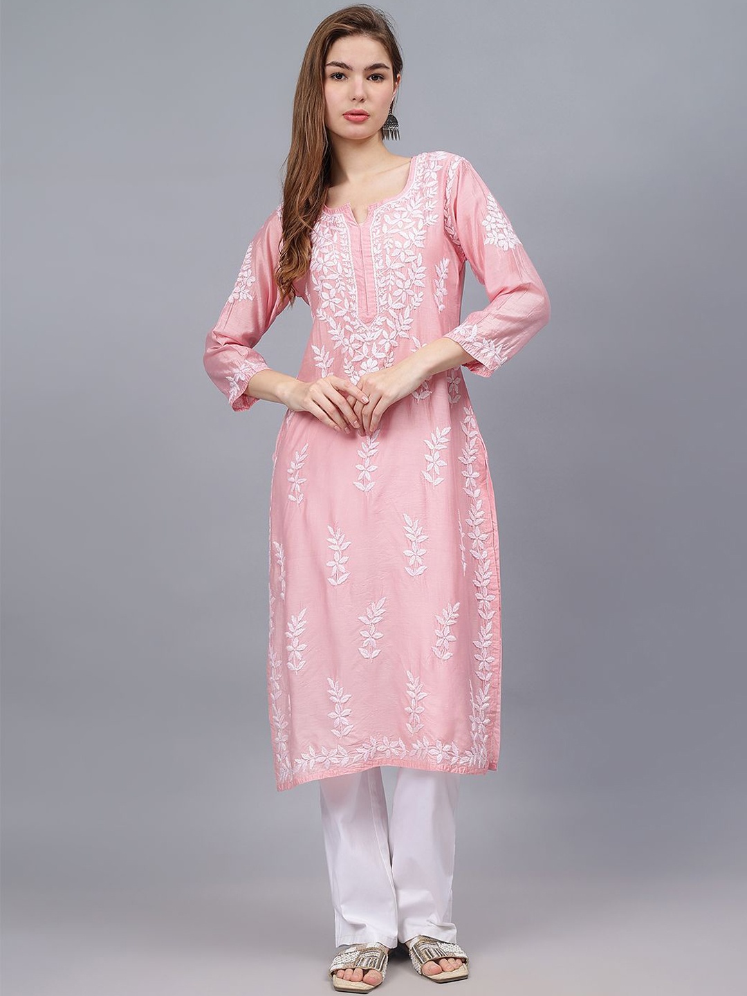 

Seva Chikan Ethnic Motifs Embroidered Chikankari Chanderi Silk Straight Kurta, Pink