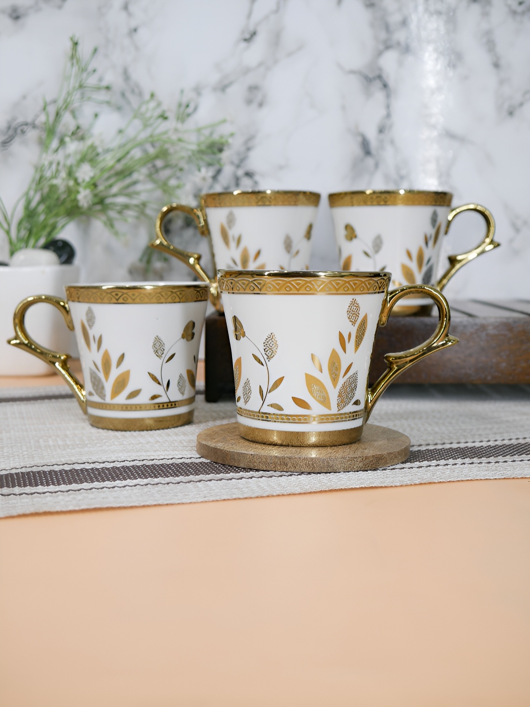 

Femora White & Gold-Toned 4 Pieces Printed Ceramic Glossy Coffee & Tea Cup