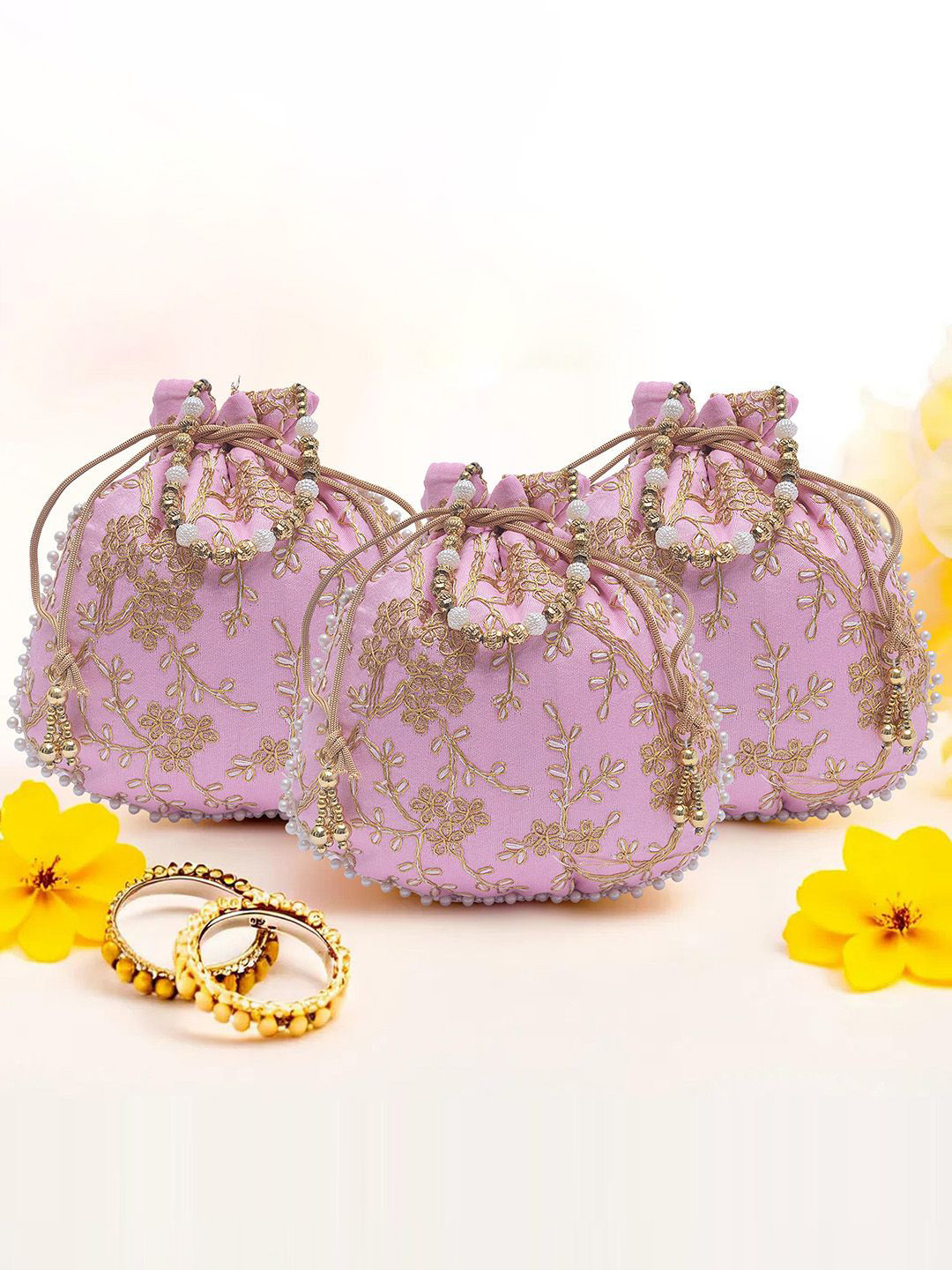 

Kuber Industries Set Of 3 Embroidered Potli Clutches, Pink