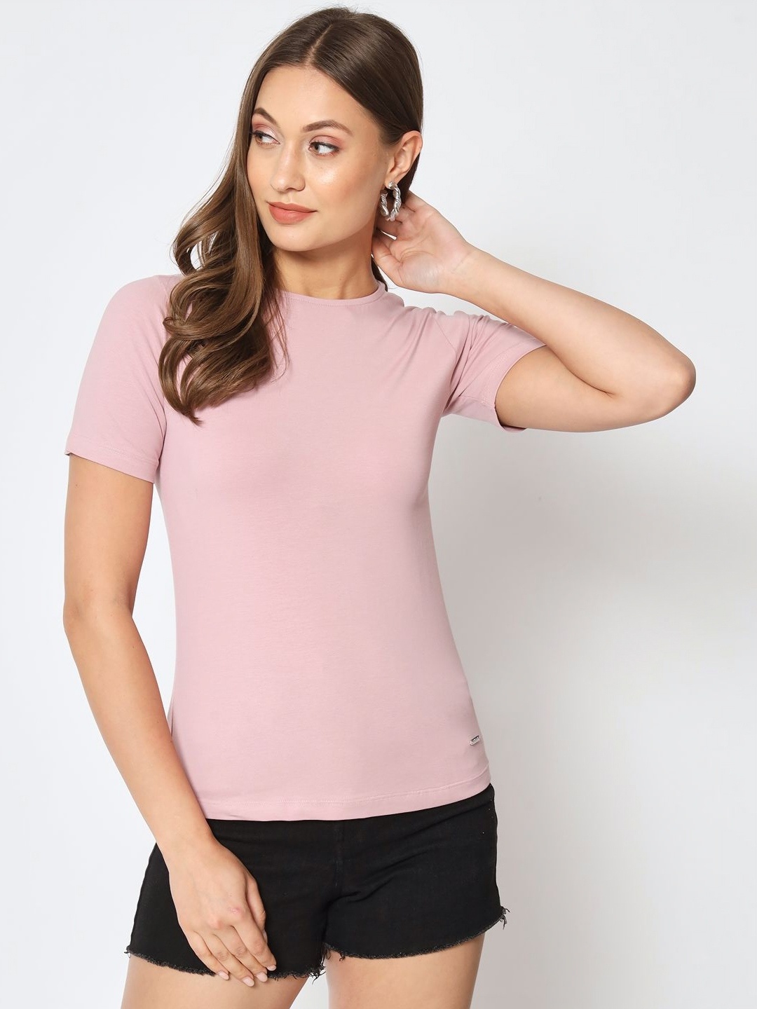 

AECK Women Solid Round Neck Cotton Relaxed Fit T-Shirt, Mauve