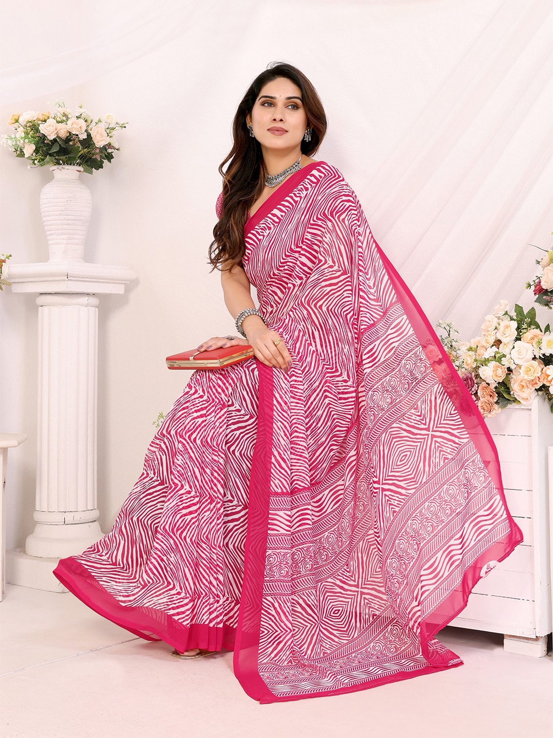 

Ambuja International Pure Georgette Leheriya Saree, Pink