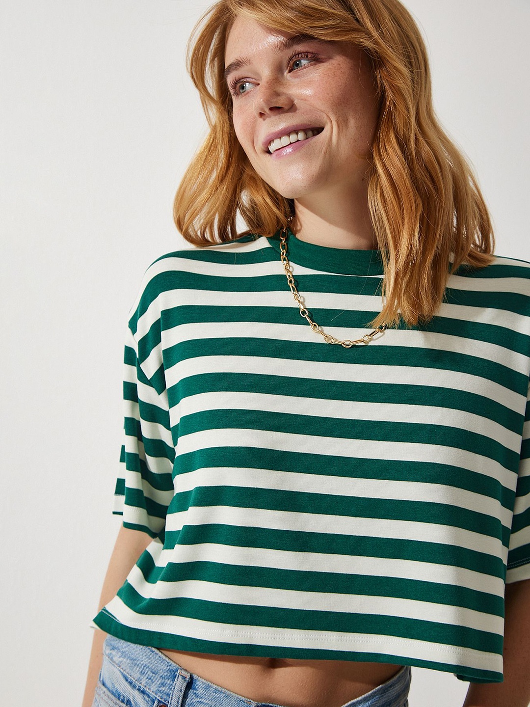 

Happiness istanbul Women Striped Round Neck Cotton T-shirt, Green