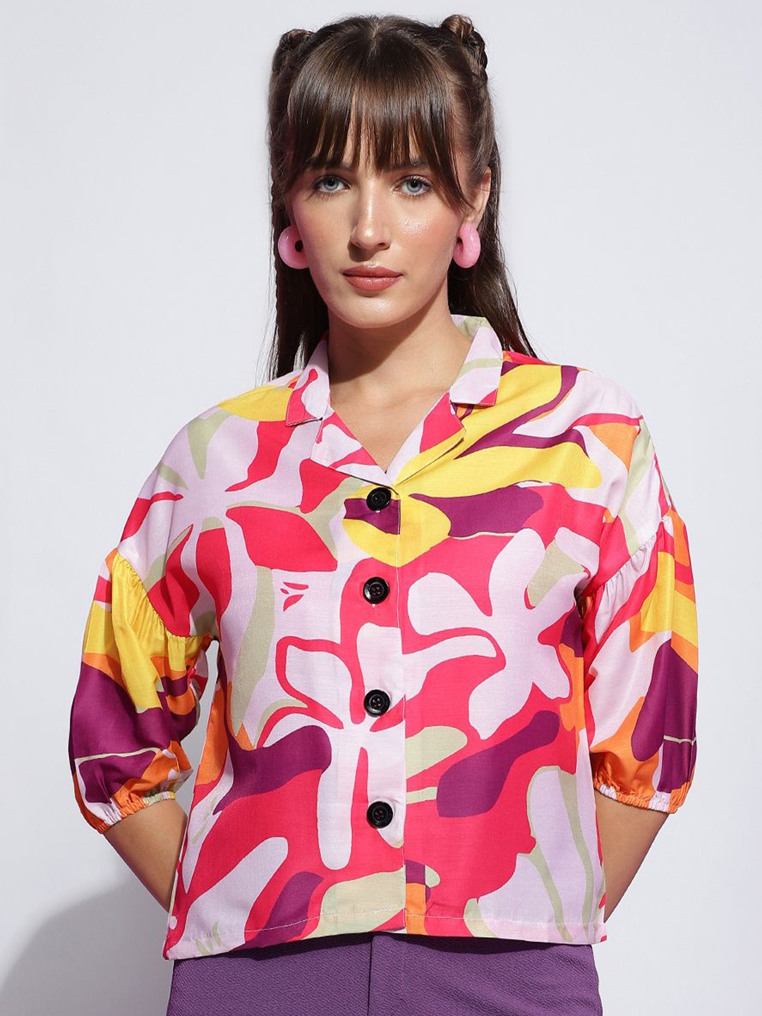 

FashionsEye Print Bishop Sleeves Boxy Crop Top, Pink