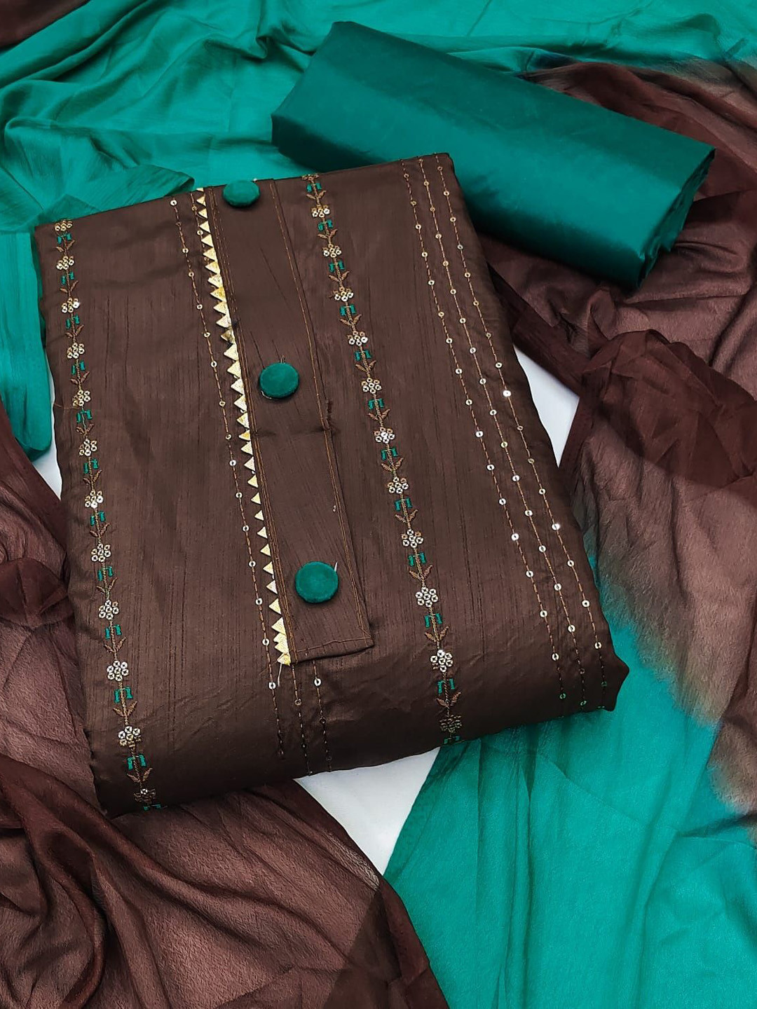 

Aika Floral Embroidered Sequinned Unstitched Dress Material, Brown