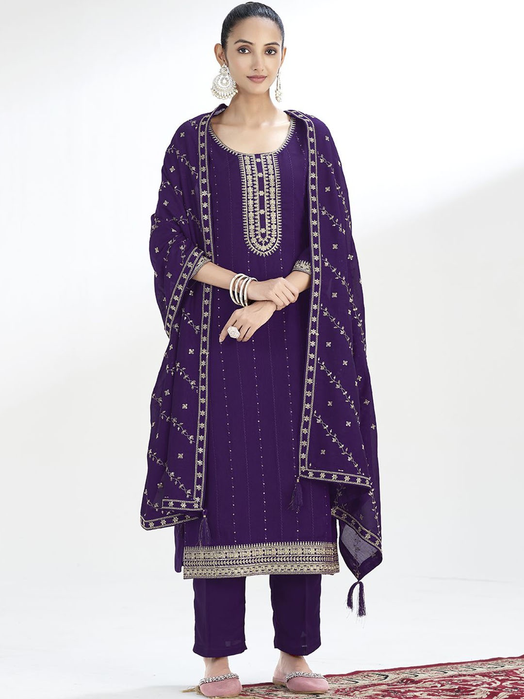 

J Turritopsis Floral Embroidered Sequinned Kurta With Trousers & Dupatta, Violet