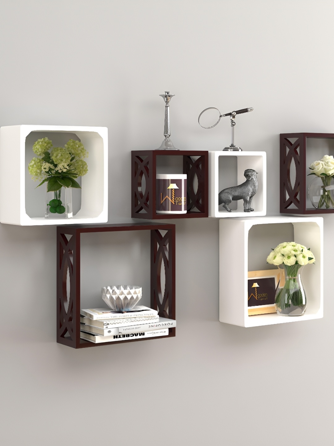 

Wooden Twist Brown & White 6 Pieces Wooden Basic Wall Shelf