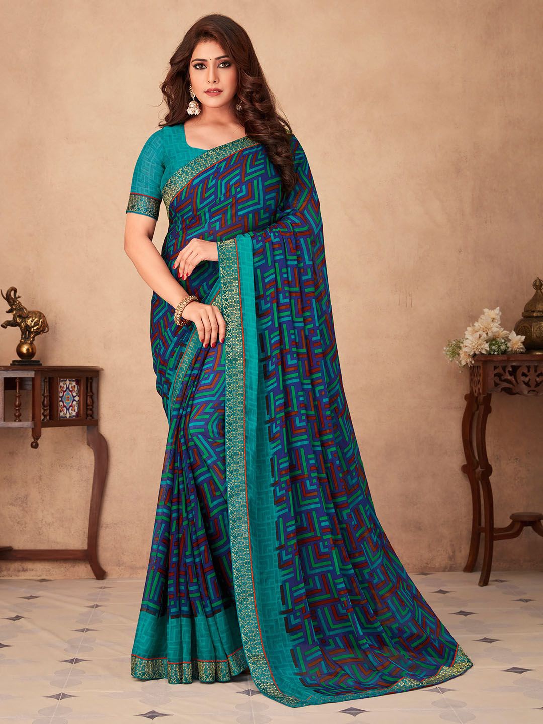 

Panzora Zari Poly Chiffon Printed With Banarasi Border Saree, Blue