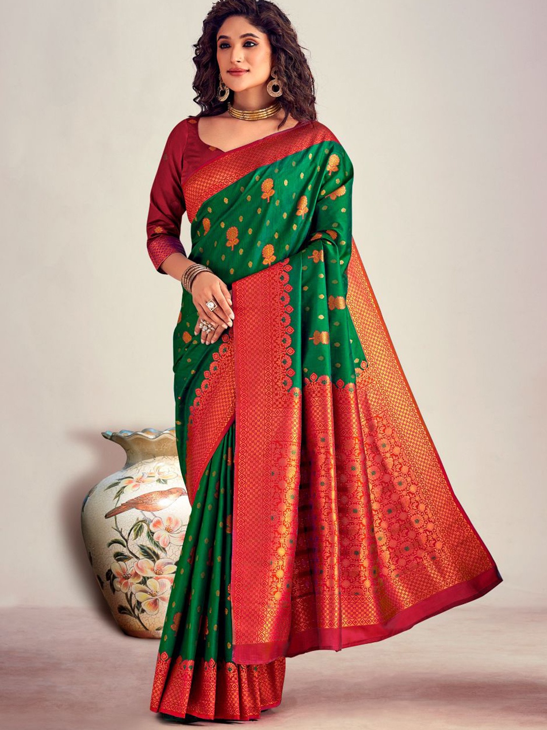 

NK Textiles Women Woven Design Banarasi Saree, Green