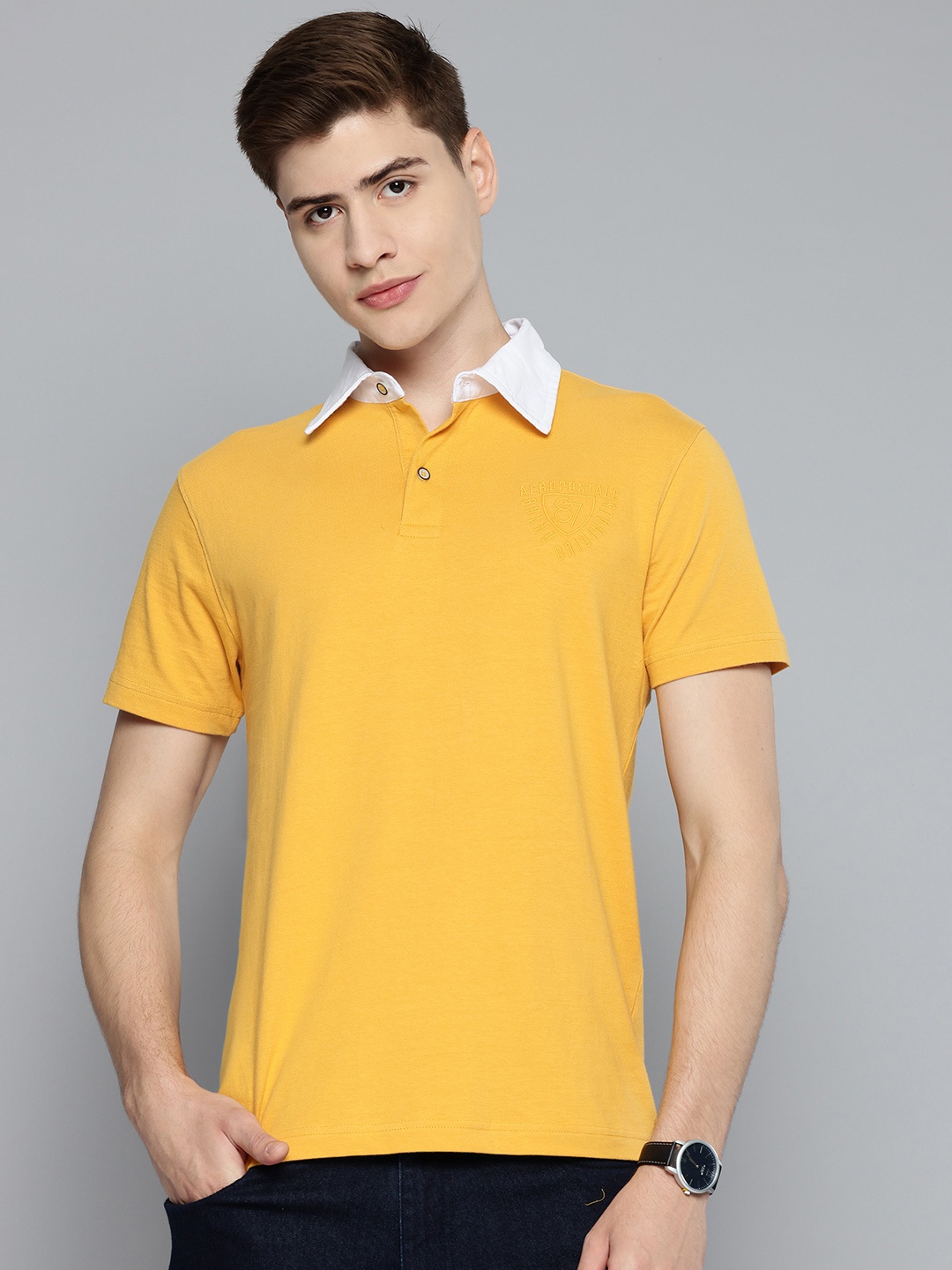 

Aeropostale Men Polo Collar Pure Cotton T-shirt, Mustard